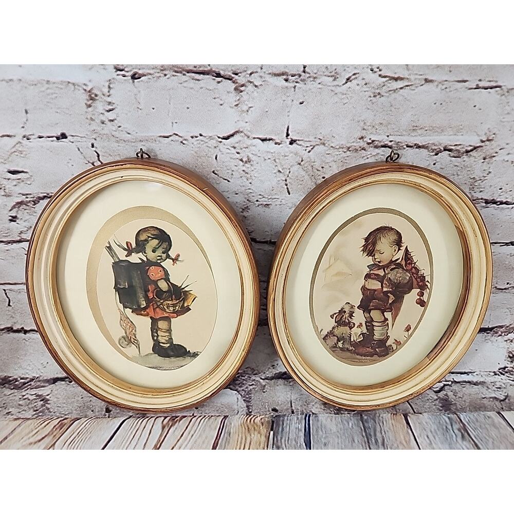 Pair of Vintage Wood Framed Artwork Prints Boy & Girl Hummel